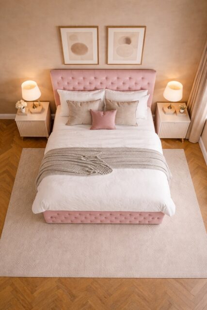 Small Single 2ft6 Chesterfield pink plush divan bed with footboard and headboard storage 2 Drawers Left Side Laying in Bed