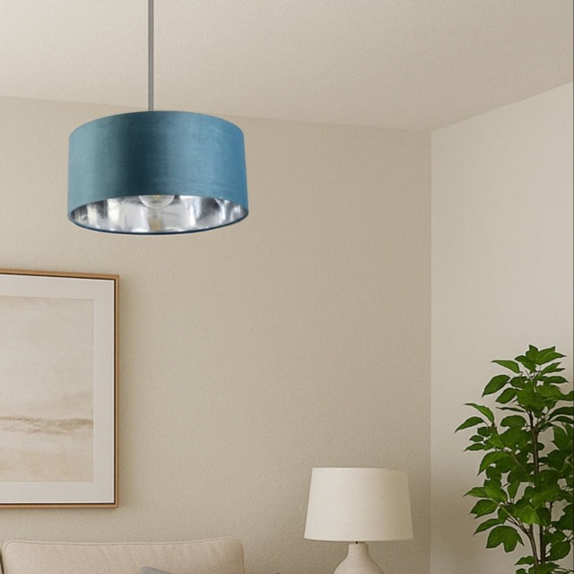 CGC MILANO Large Teal Velvet Drum Lampshade with Silver Lining Blue Teal Velvet & Silver Large