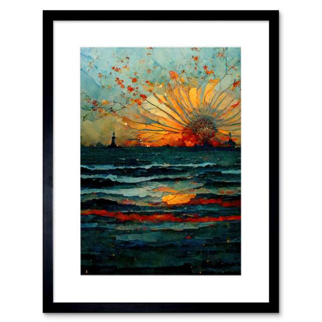 "Seascape Sunset Port City Waves Horizon 9x7"" Black Framed Wall Art Print"