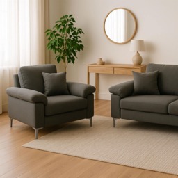 Modern Grey Sofa 2 1 Seater Set Fabric with Chrome Feet - Comfortable Couch with Cushion for Living Room, Bedroom or Office