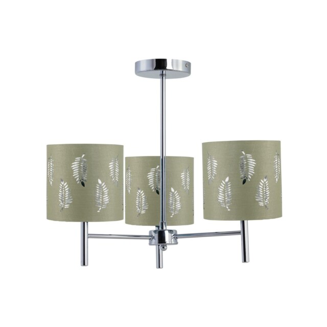 Brea - Chrome 3 Light Fitting with Sage Green Fern Shades Chrome Green 1