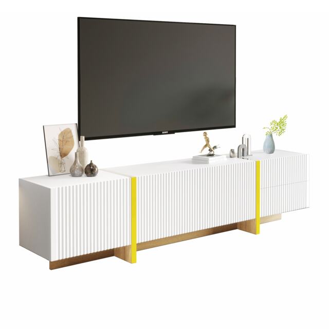 VILUXE 190 x 35 x 45cm TV Stand with 3 Soft-Close Doors and 2 Drawers, MDF and Particle Board Media Cabinet, White, Gold and Natural Wood