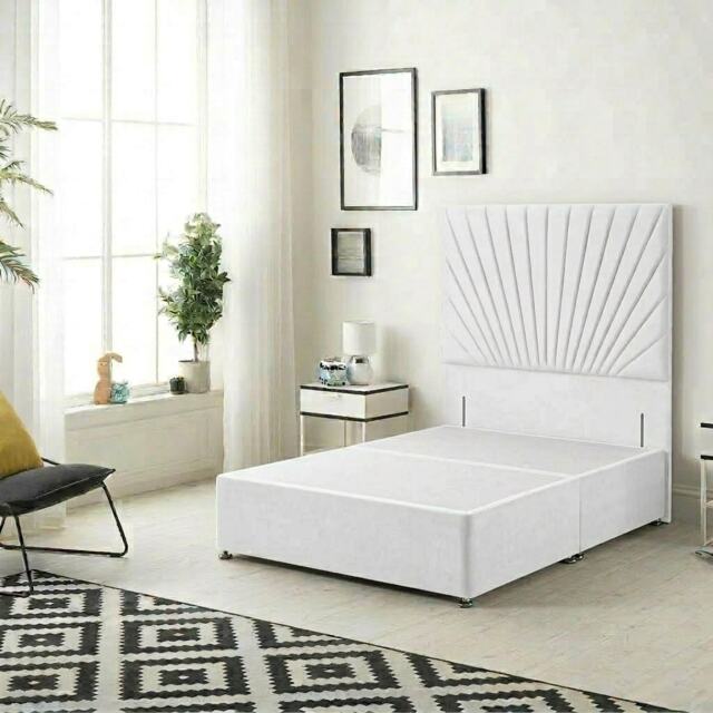 Sunburst Divan Bed with 54'' Floor Standing Headboard Plush Velvet White White