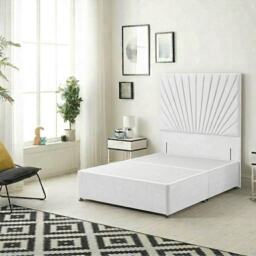 Sunburst Divan Bed with 54'' Floor Standing Headboard Plush Velvet White White