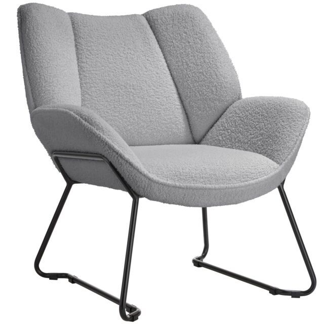 Armchair Kjeld - cosy boucle fabric, wingback design, sleek steel frame Grey light grey 1
