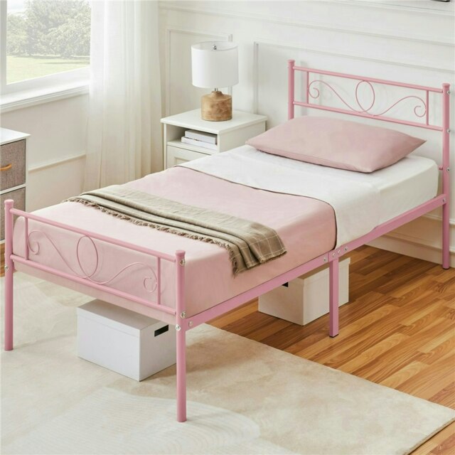 Yaheetech 190 cm L × 90 cm W Metal Platform Bed with Scroll Design Headboard Pink