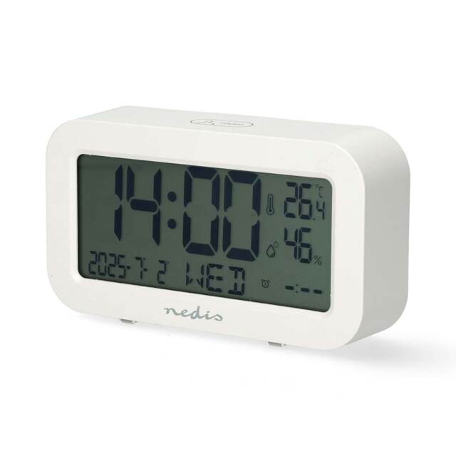 NEDIS Digital Desk Alarm Clock, Blue Large LCD Backlight with Dual Alarm and Snooze, Battery Operated Bedroom Clock with Temperature, Humidity and Date - White