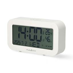 NEDIS Digital Desk Alarm Clock, Blue Large LCD Backlight with Dual Alarm and Snooze, Battery Operated Bedroom Clock with Temperature, Humidity and Date - White