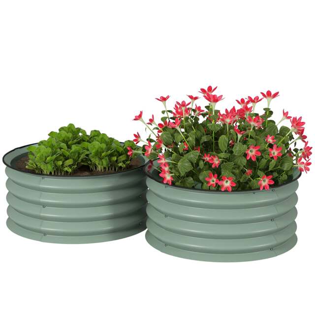 Outsunny Set of 2 Raised Garden Bed Metal Planter Box with Safety Edging, Green Green Green