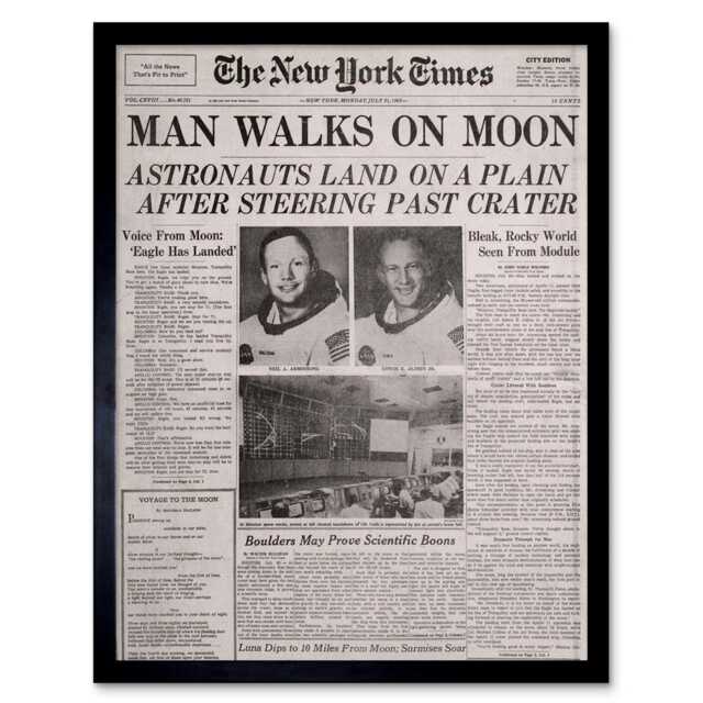 "Vintage Space Newspaper Moon Aldrin Armstrong 12x16"" Framed Wall Art Print"