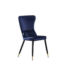 Single New York Modern Velvet Dining Chair with High Back, Black Metal Legs Blue Gold End Tips