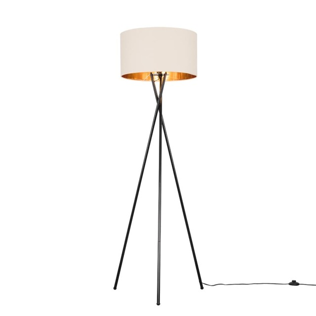 ValueLights Camden Black Tripod Floor Lamp Beige Gold Shade and Bulb