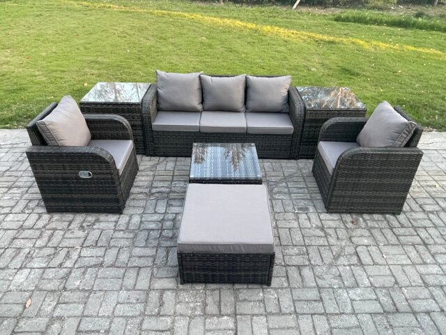 Fimous Garden Furniture Sets 6 Pieces Wicker Rattan Furniture Patio Sofa Sets with Reclining Chair 3 Seater Sofa 2 Side Tables Big Footstool Dark Grey Mixed