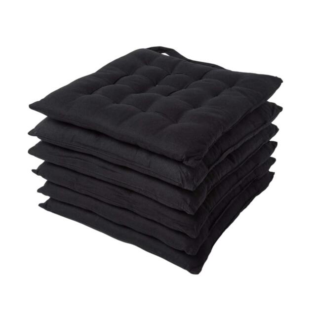 Homescapes 6 x Seat Pads Luxury Cotton Indoor Outdoor Garden Dining Cushion Black 40 x 40 cm 6