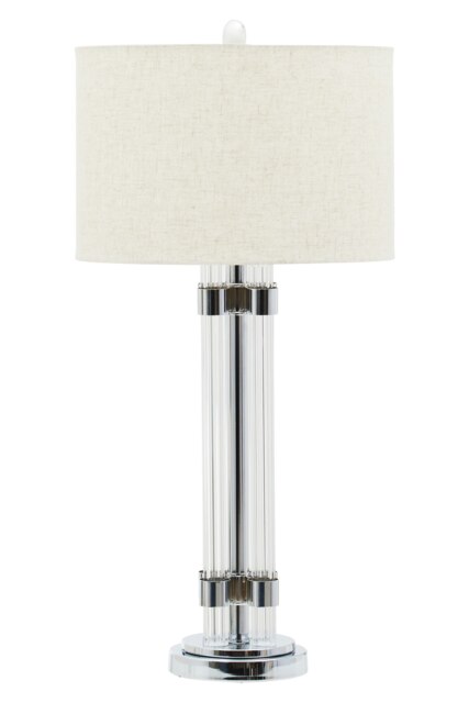 Interiors by Premier Silver and Ivory Table Lamp, Tall Ribbed Glass Column with Silver Metal Rings, Modern Table Light Silver