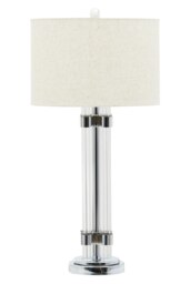 Orsina Silver and Ivory Table Lamp, Tall Ribbed Glass Column with Silver Metal Rings, Modern Table Light