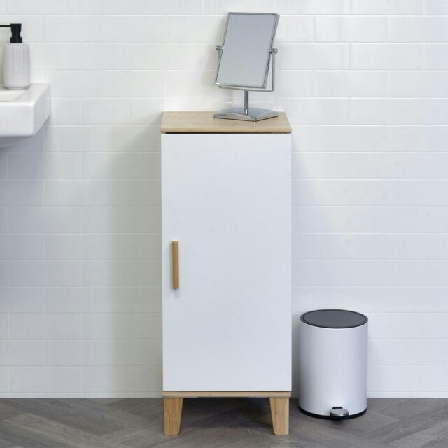 Showerdrape Amalfi Matt White & Bamboo Floorstanding Bathroom Cabinet White 1