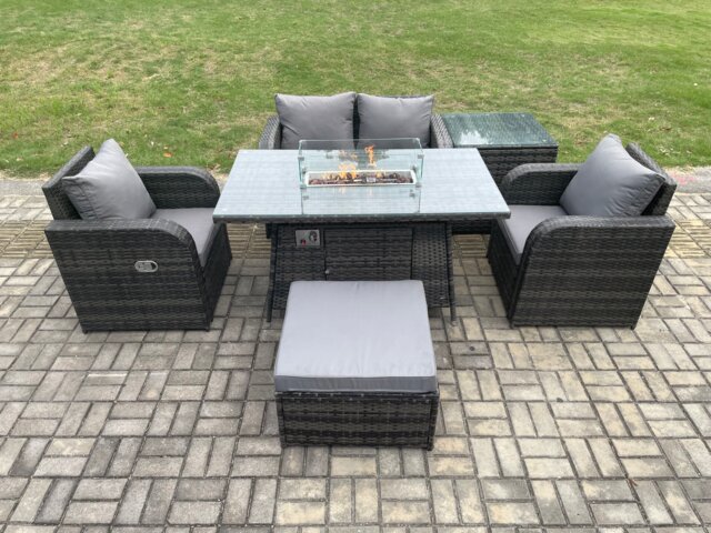 Fimous Rattan Outdoor Garden Furniture Set Gas Fire Pit Dining Table with Side Table Chair Love seat Sofa Footstool