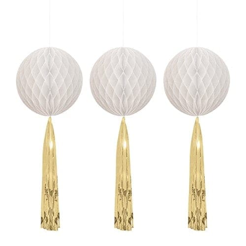 White Honeycomb Hanging Decorations with Gold Tassels - Pack of 3