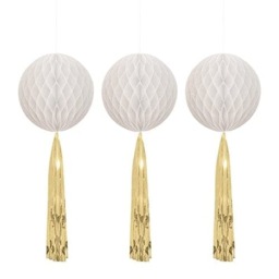 White Honeycomb Hanging Decorations with Gold Tassels - Pack of 3