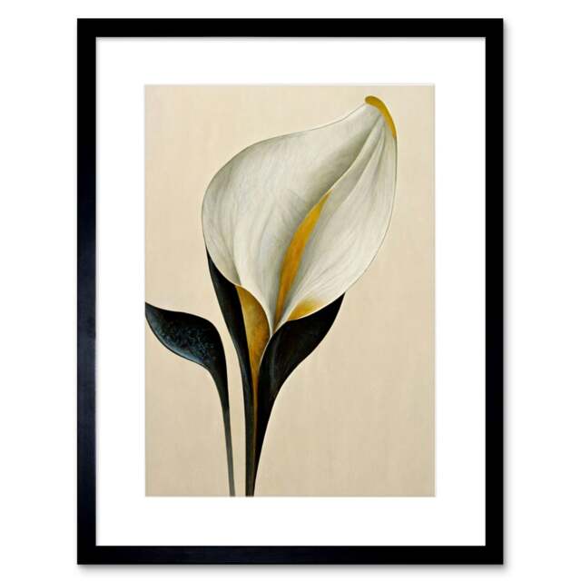 "Elegant Modern Calla Lily Black Gold Beige 9x7"" Black Framed Wall Art Print"