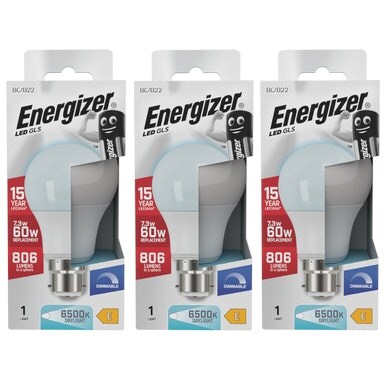 Energizer LED GLS B22 806lm 7.3W 6500K (Daylight) Dimmable Light Bulb - Pack of 3