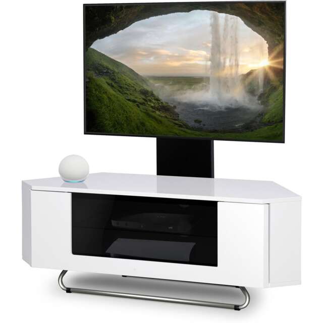 "Homeology Hampshire Corner-Friendly Gloss White with Contrast Beam-Thru Remote Friendly Door 26""-50"" Flat Screen TV Cabinet with Mounting Arm"