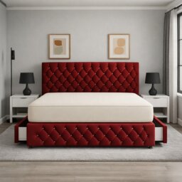 5FT Kingsize Burgundy Plush Velvet Divan Bed With Headboard & Footboard and Memory Sprung Mattress 2 Drawers Right Side Laying in Bed