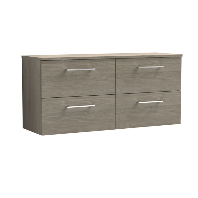 Balterley Level Modern Bathroom Wall Hung 4 Soft Close Drawer Vanity Unit with Worktop Brown Grey Vicenza Oak