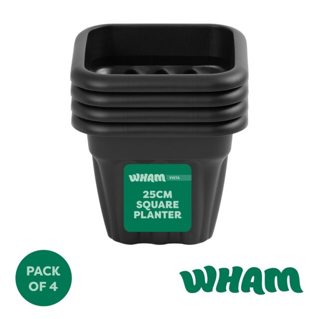 Wham Vista 4 x 25cm Square Plastic Garden Planters Black Slate/Black