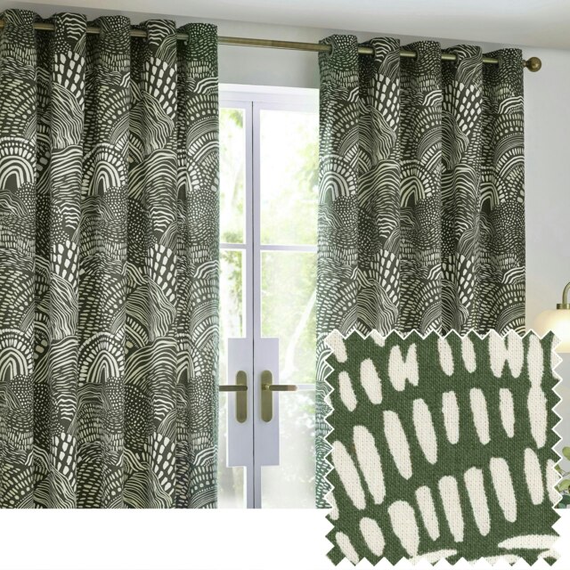 Hoem Nola Abstract Olive Eyelet Curtains (W)117cm x (D)137cm Multi