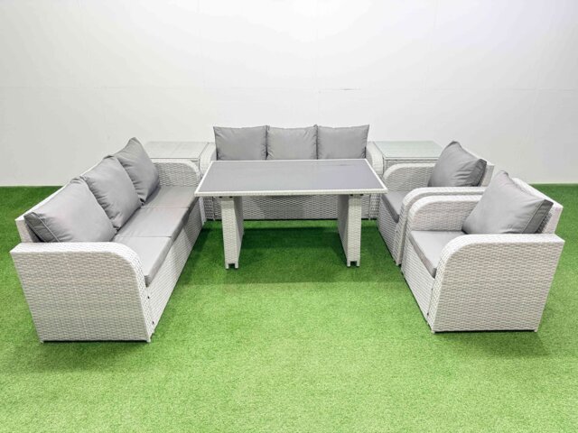 Fimous 8 Seater Wicker PE Rattan Furniture Outdoor Dining Table 3 Seater Sofa Reclining Chair Set with 2 Side Tables Light Grey
