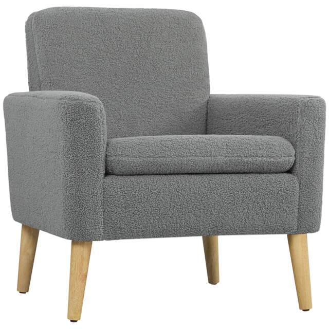 HOMCOM Modern Accent Chair with Wood Legs, Wide Seat, Teddy Armchair, Grey Grey Grey