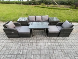 Fimous Outdoor Garden Furniture Sets 8 Pieces Wicker Rattan Furniture Sofa Sets with Rectangular Dining Table 2 Big Footstool 2 Side Tables