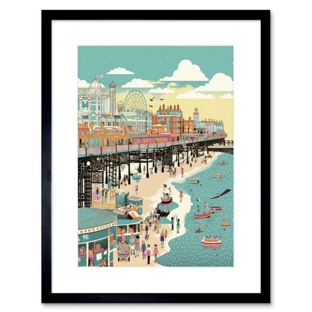 "Brighton Beach Pier Sandy Summer Scene 9x7"" Black Framed Wall Art Print"