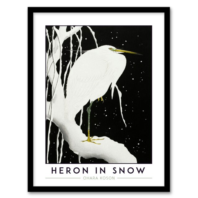 "Ohara Koson Heron In Snow Japanese Framed Wall Art Print 12X16"" Black"