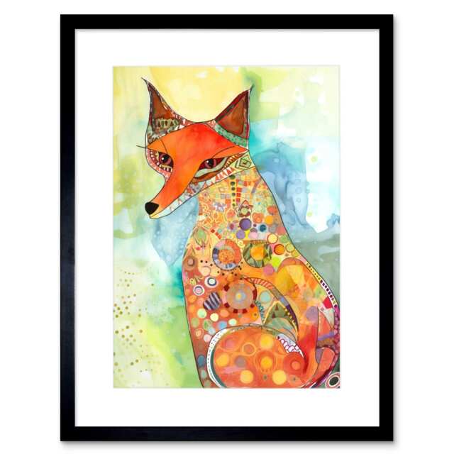 "Fun Fox Folk Art Watercolour Painting 9x7"" Black Framed Wall Art Print"