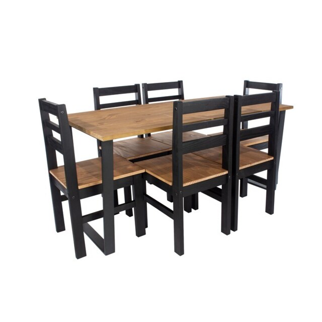 Texas Rectangular Dining Table with Metal Legs and 6 Linea Ladder Back Chairs - Black - Antique Waxed Pine - Flat Packed Black 7