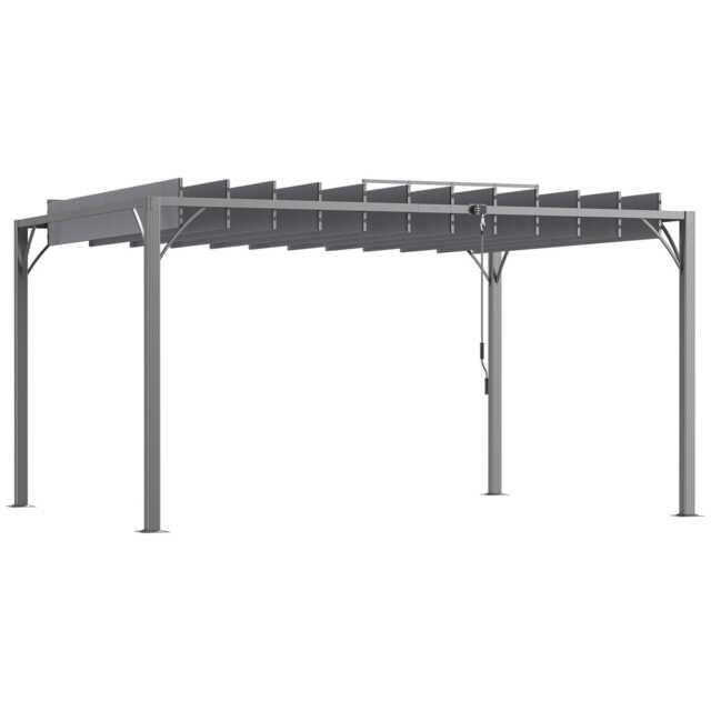 Outsunny 4 x 3(m) Outdoor Louvered Metal Pergola with Retractable Roof, Grey Grey