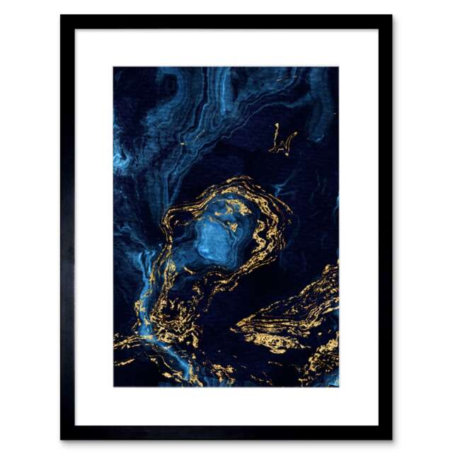 "Abstract Dark Blue Gold Waves Fluid Paint Bathroom 9x7"" Black Framed Wall Art Print"