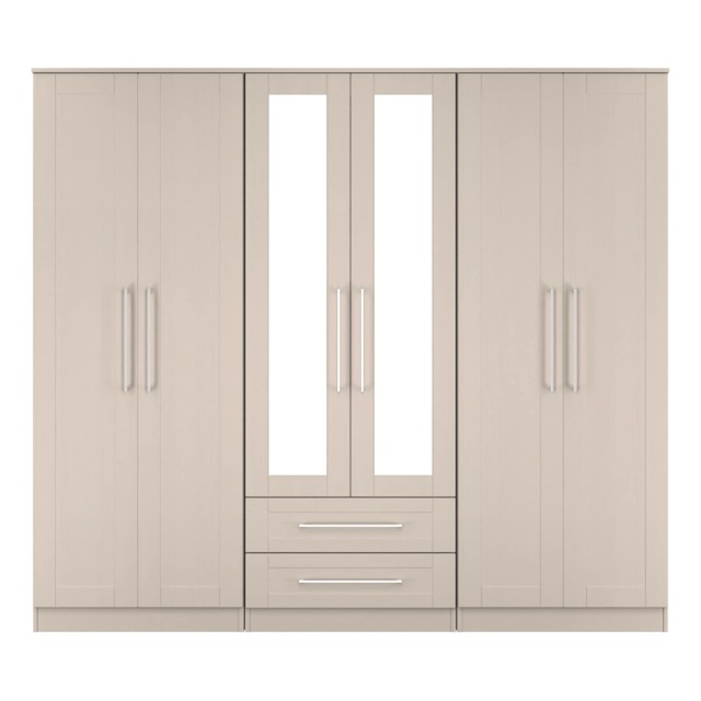 Ripon Tall 6 Door 2 Drawer Twin Mirror Wardrobe in Kashmir Ash (Ready Assembled) Cream Kashmir Ash