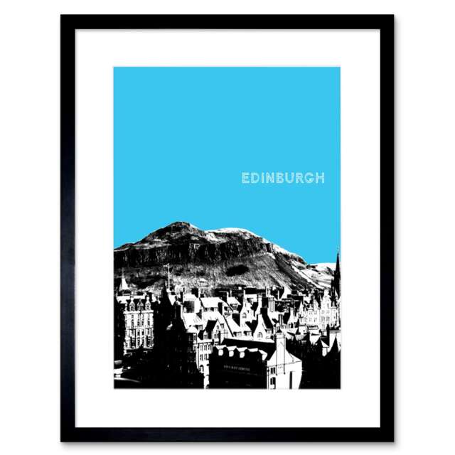 "Arthur's Seat Edinburgh Cityscape Scotland Blue 9x7"" Black Framed Wall Art Print"