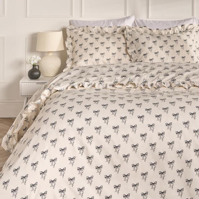 OHS Ditsy Bow Frill Duvet Cover Set with Pillowcase Soft Microfibre Bedding Cream Monochrome Single