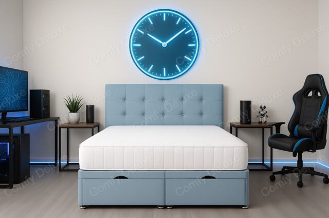 Ottoman Sky Blue Plush 3ft Single Storage Bed Set with Headboard and Mattress