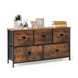 COSTWAY 5 Drawers Dresser Fabric Storage Chest of Drawers Brown