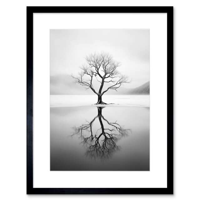 "Lone Tree by Frozen Lake Winter Landscape 9x7"" Black Framed Wall Art Print"
