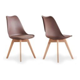 Set of 2 Scandinavian Dining Chairs with Leather Cushions Solid Wood Legs Brown