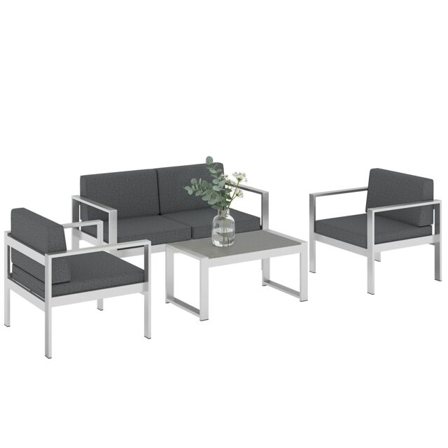 Outsunny 4 Seater Aluminium Garden Furniture Sofa Set with Olefin Cushions Grey Dark Grey Four Seater