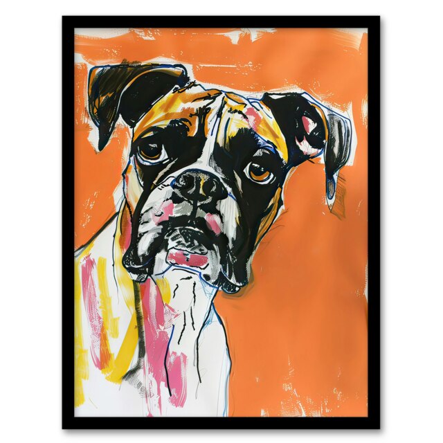 Boxer Dog Lover Modern Pet Portrait Orange Black Framed Wall Art Print A4