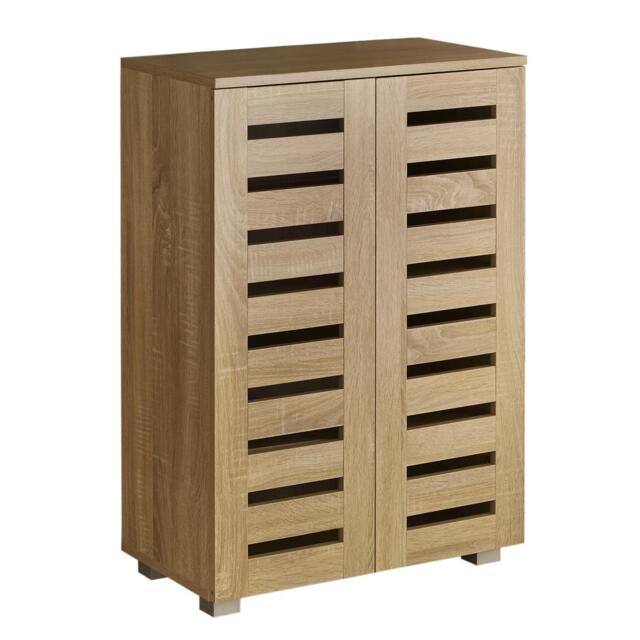 Oslo 2 Door Wooden Shoe Storage Cabinet Rack Stand Cupboard Slatted Doors Brown